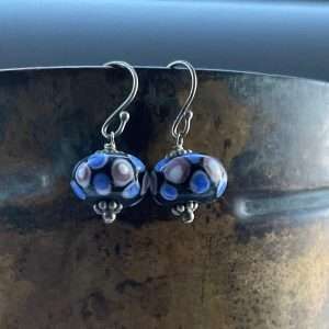 Black  Blue Spotted Lampwork Glass Handcrafted Drop Earrings Sterling Silver 925