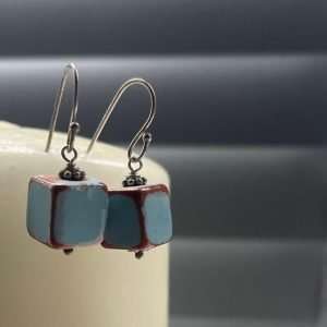 Blue Ceramic Cube Sterling Silver Drop Earrings Handmade