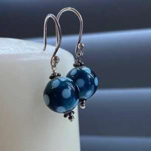 Blue Spots Lampwork Glass Drop Earrings Sterling Silver 925 Handmade